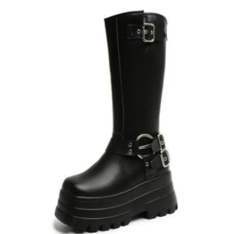 11.5CM Black Rock Punk Style Knee High Front Zipper Motorcycle Boots New Fashion Cool Girl Boots Round Toe All-Match Metal Shoes