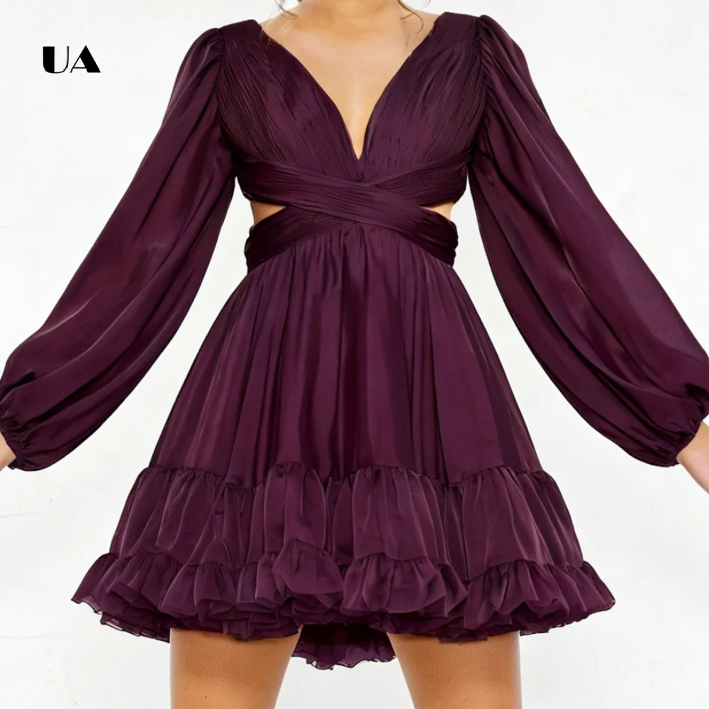 ULBYANRY Mini robe ajustée et évasée en mousseline de soie avec manches bouffantes col en v robe de soirée plissée découpée à lacets robe de soirée personnalisée