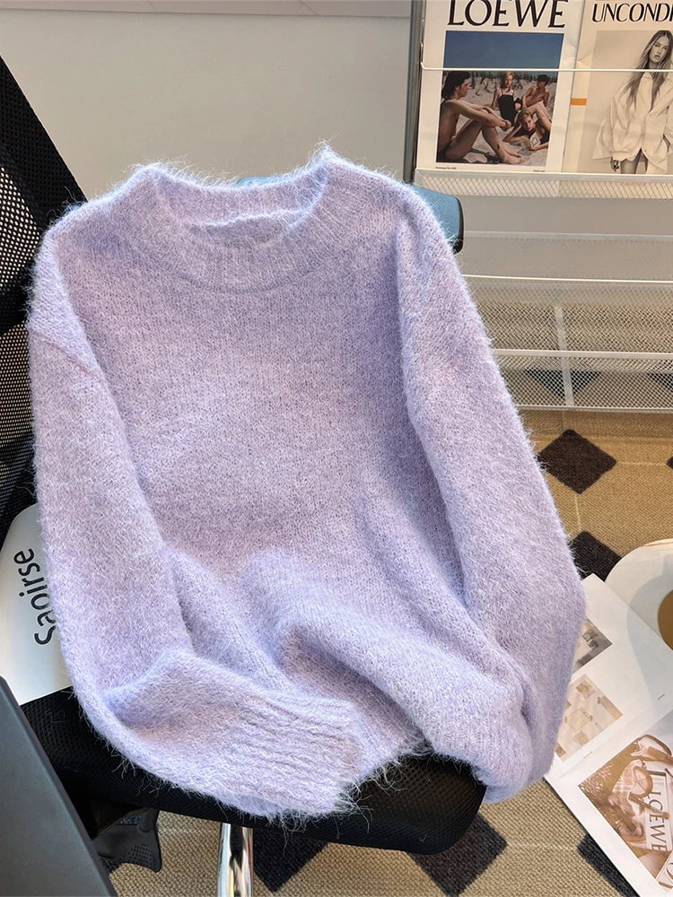 Women Green Pullover Sweater Harajuku Y2k Solid Color Long Sleeve O-Neck Knitted Sweaters 90s Vintage 2000s Clothes Autumn 2024