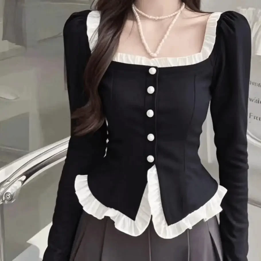 

French Style Irregular Lace Square Collar Long-sleeved Button-down Shirt Women Autumn Versatile Fake Two-piece Bottoming Shirt