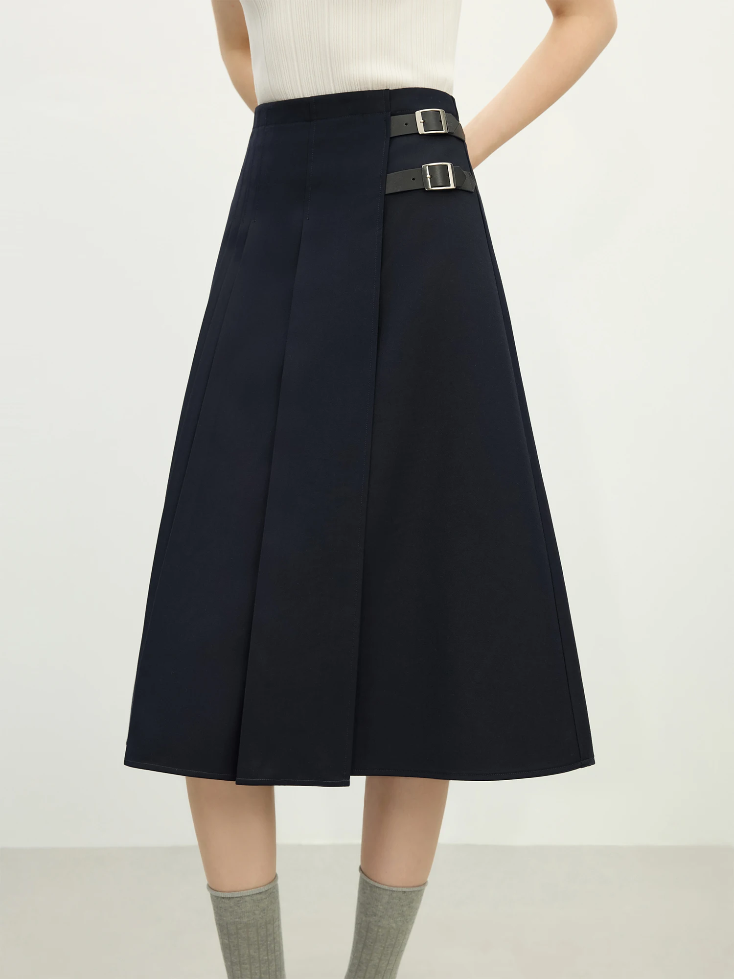 FSLE College Style A-line Solid Color Navy Blue Skirt For Female 2025 Spring New Design Elegant Chic Long khaki Skirt 25FS11201