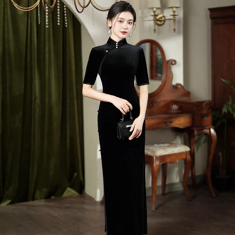 

Ele Velvet Long Bla Qipao 2025 Spring Season Chinese Sle Slim Fit Retro Faion Daily Wear Ladies' Traditional Costume