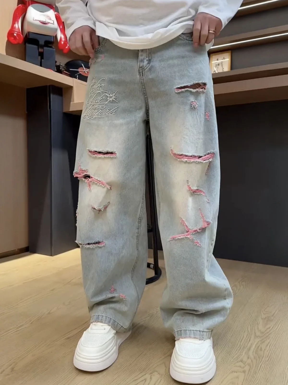 

Summer Men's Loose Fit Breathable Denim Jeans Tear Hole Embroidery Straight Leg Casual Pants American Trendy Brand Color Block