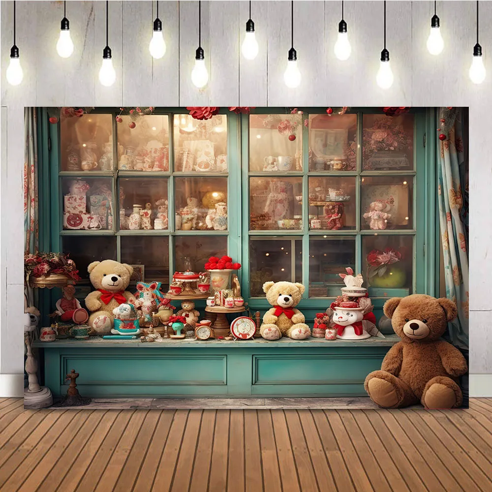 Doorway Teddy Bear Shooting Props Background Valentine\'s Day Supplies Store Photography Backdrop Baby Portrait Cake Smash Decor