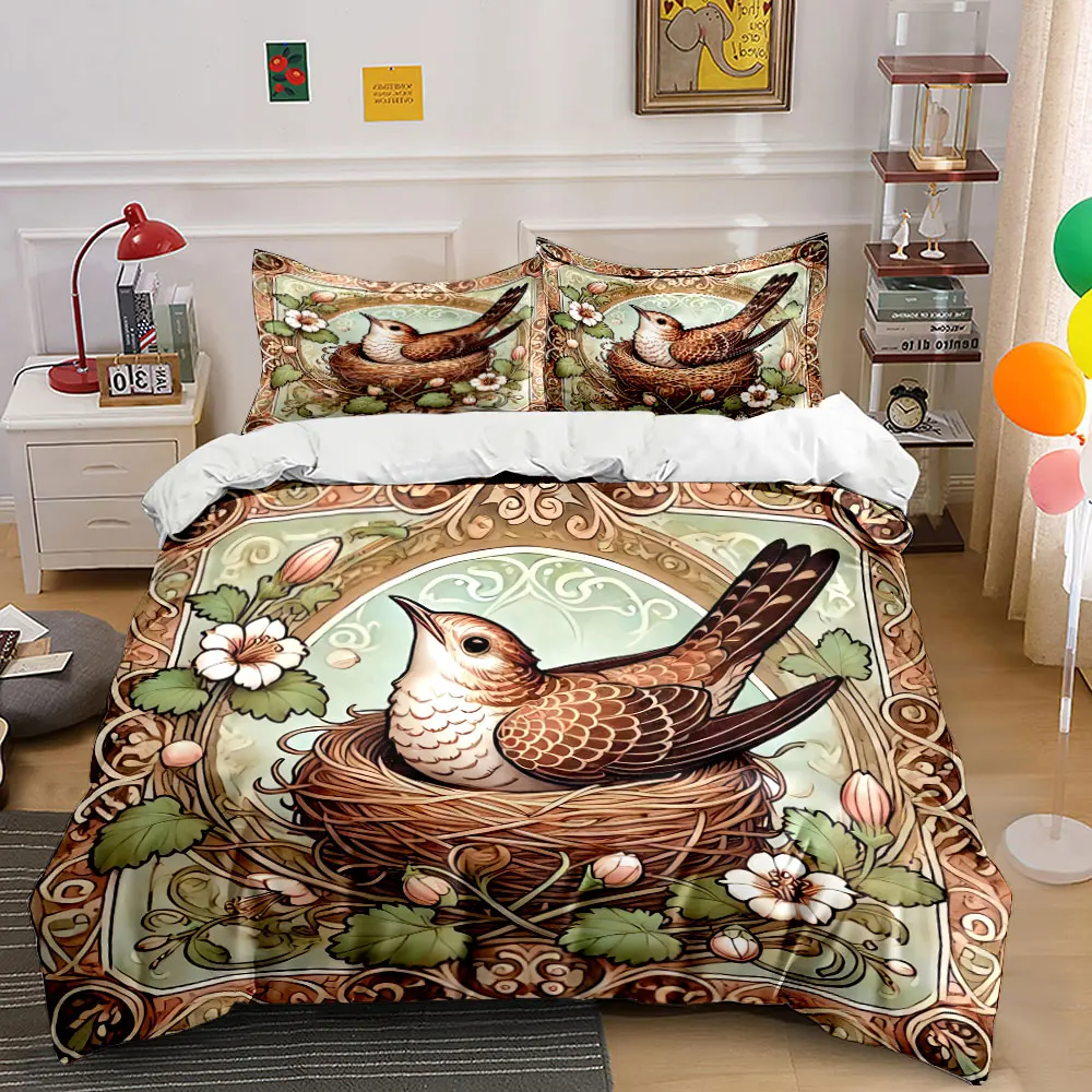Bird Nest Decorative Set Bedding Set with 1 Duvet Cover 2 Pillowcases Single Double King Queen, Gift