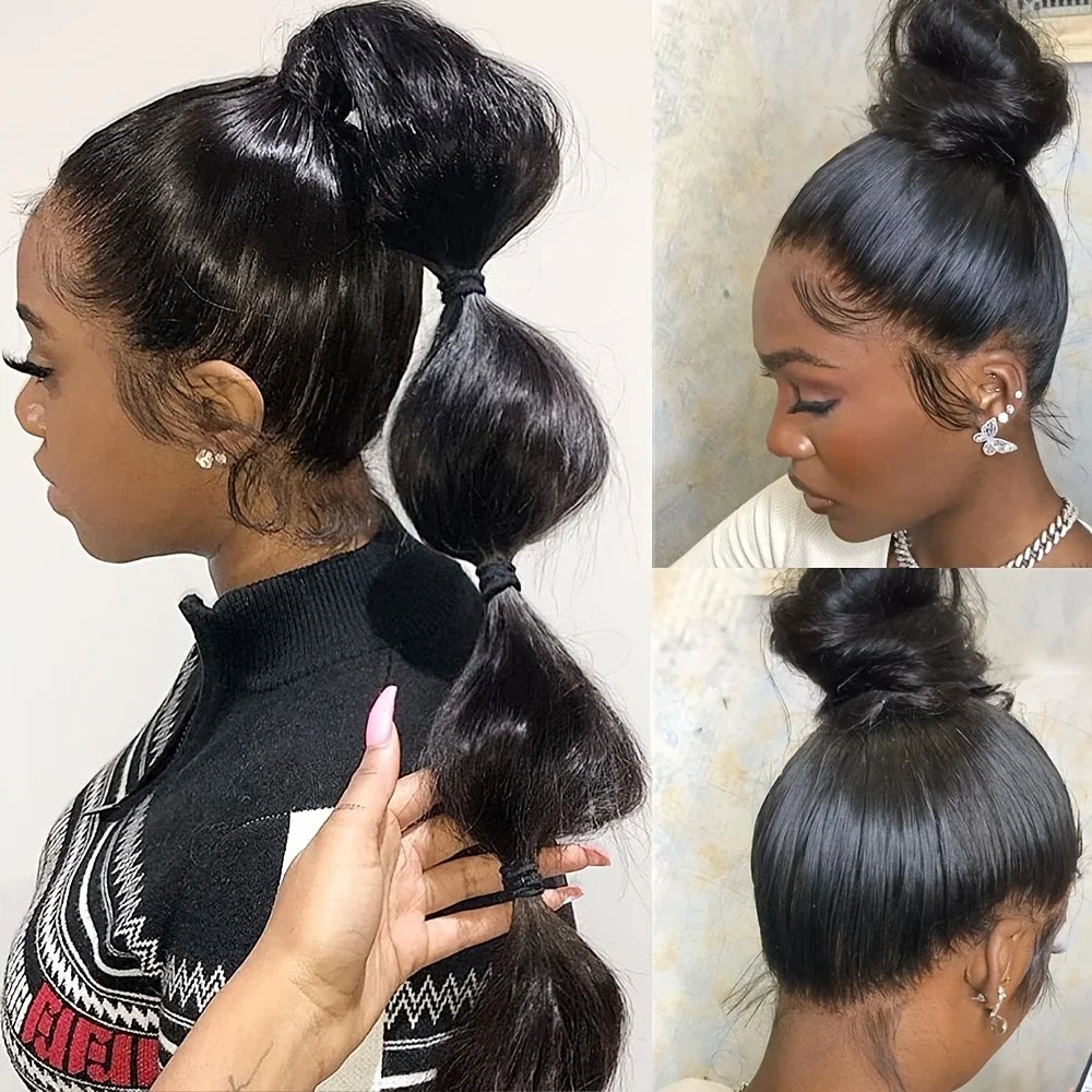 Luxuoso longo em linha reta 100% cabelo humano virgem brasileiro 360 peruca frontal do laço completo pré arrancado natural peruca de cabelo humano