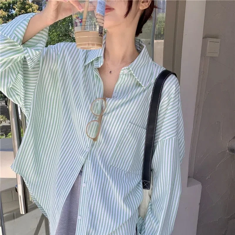 Women\'s 2024 Spring and Autumn New Collection Splicing Polo Collar Button Pocket Stripe Fashion Loose Casual Long Sleeve Shirts