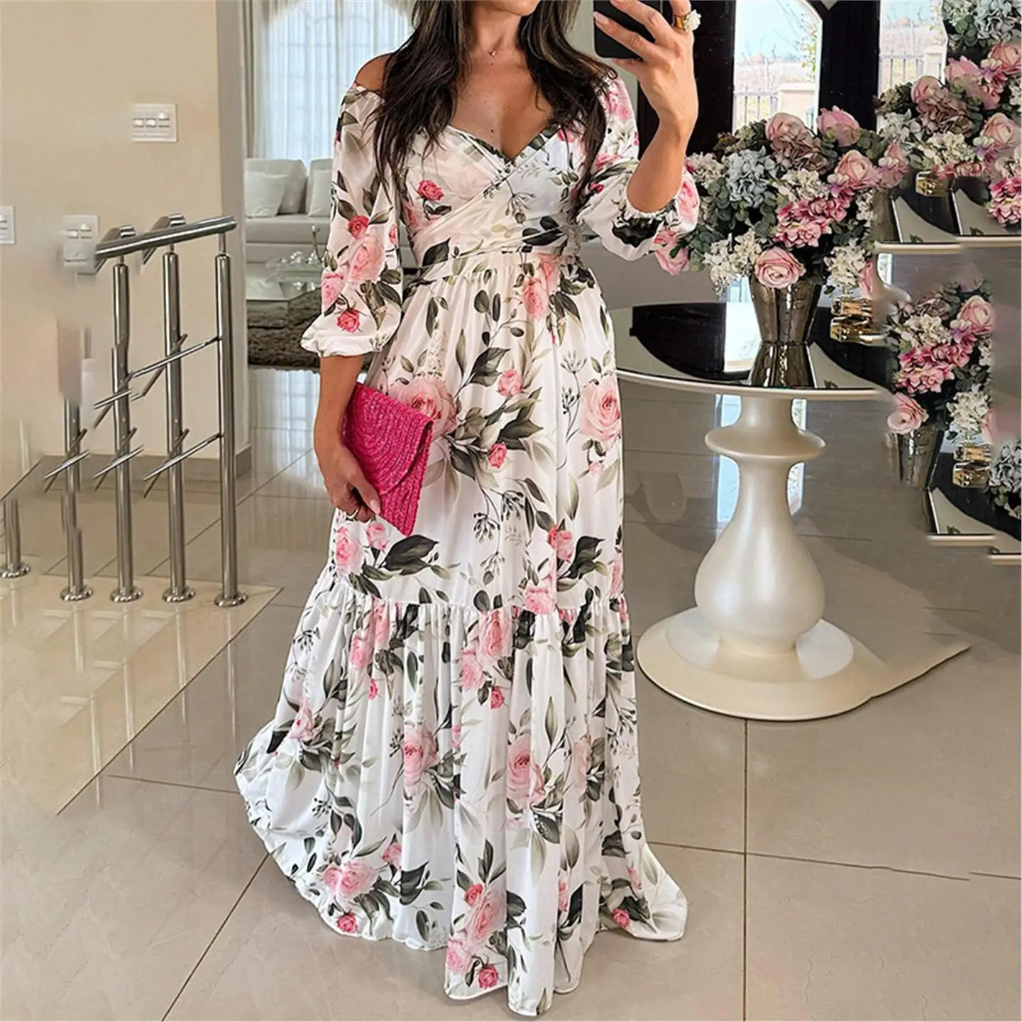 Ele Faionable V-Ne imprimé Midi Dr printemps 2025 vêtements pour femmes taille haute H-Sle tenue décontracté t-shirt-fibre d'acétate