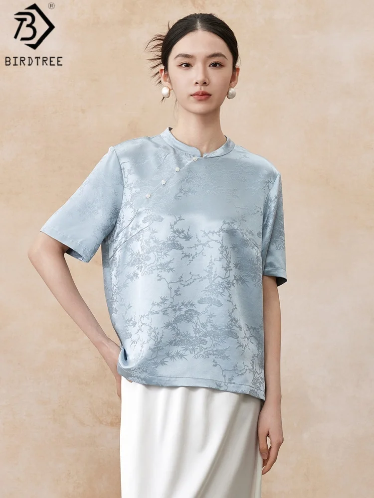 Birdtree, 28MM 100% Real Silk T Shirt, Stand Collar Short Sleeve Tops, Chinese Style, Women Embroidery Shirt, 2026 New T66709JF