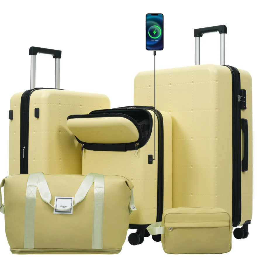 

Hardside Luggage Set 5 Piece for Travel, Polycarbonate, Black, Lightweight with USB Port, Expandable, Double Spinner Wheels, TS