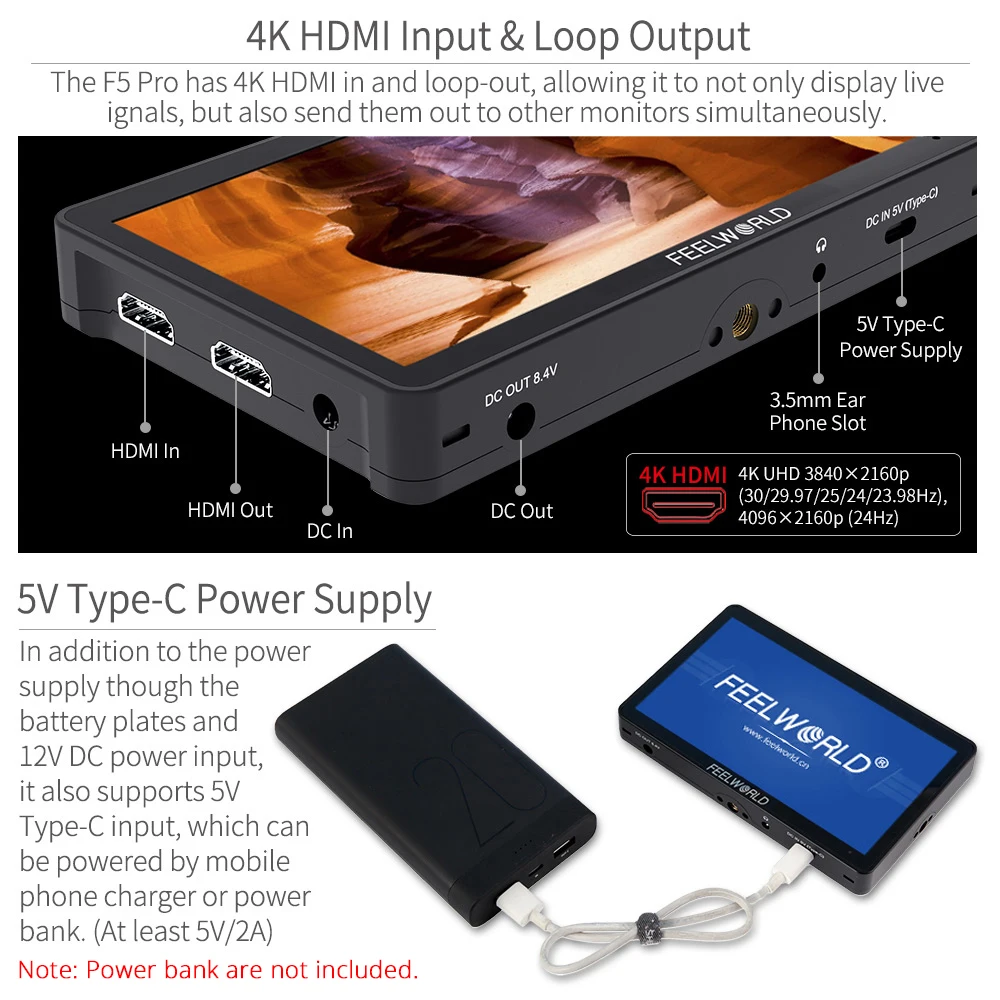 طقم خارجي من feel world F5 Pro V4 شاشة 6 بوصة تعمل باللمس شاشة محمولة كاميرا DSLR ثلاثية الأبعاد LUT دقة كاملة 1920x1080 4K HDMI داخل الخارج F970