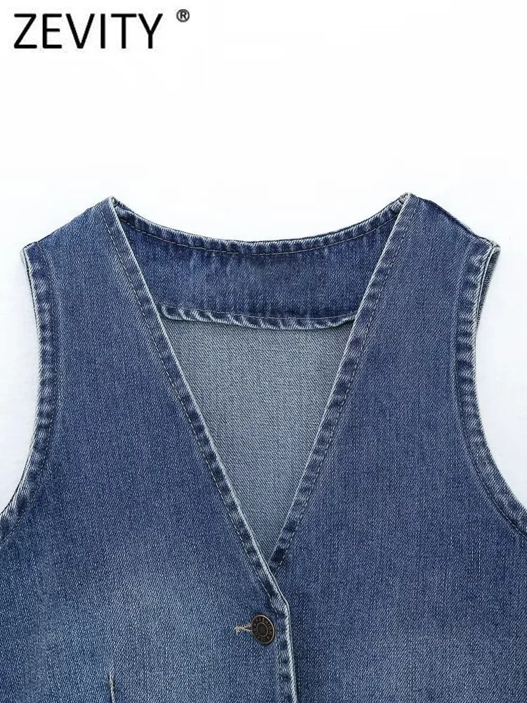 Zevity 2022 Women Fashion V Neck Sleeveless Slim Denim Vest Jacket  Ladies Retro Metal Buttons Short WaistCoat Tops CT2940