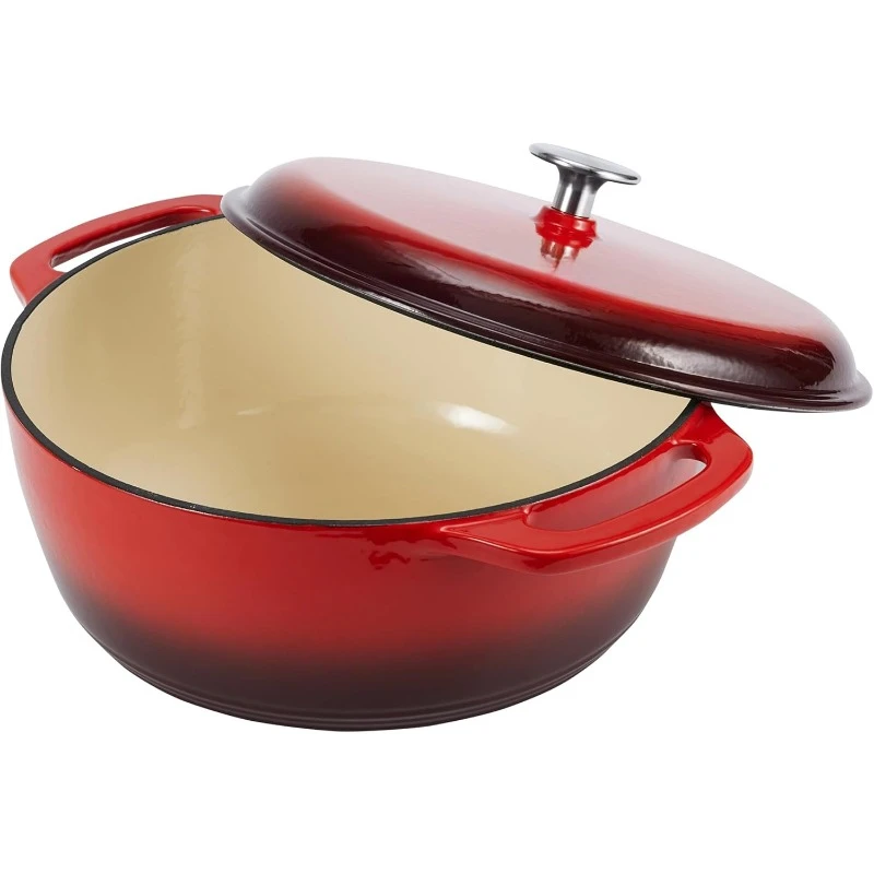 Cast Iron Dutch Oven Pot with Lid, Enameled, Round, Dual Handles, Heavy-Duty, Small, 4.3-Quart, Red