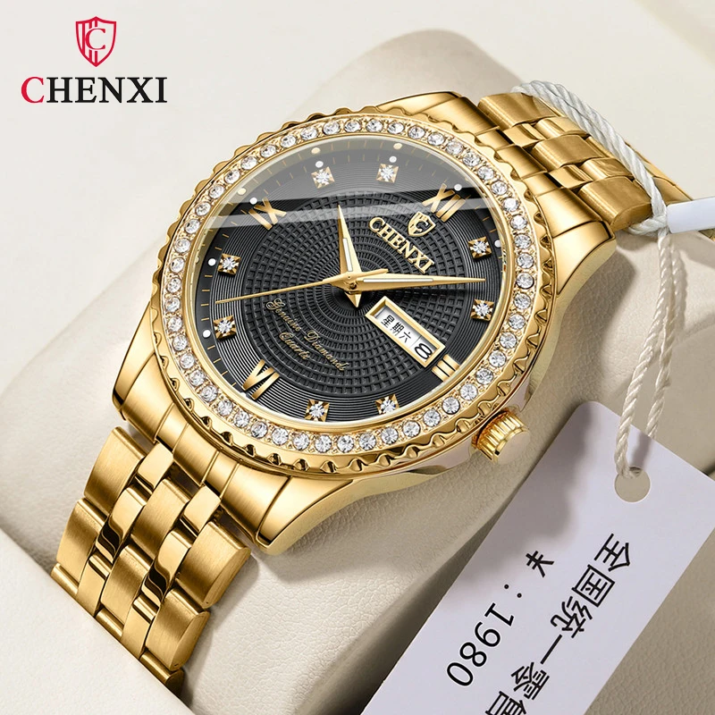 CHENXI 8215 Men Watch Stainless Steel Top Quality Luxury Push Button Hidden Clasp Waterproof Luminous Date Week Sport Wristwatch