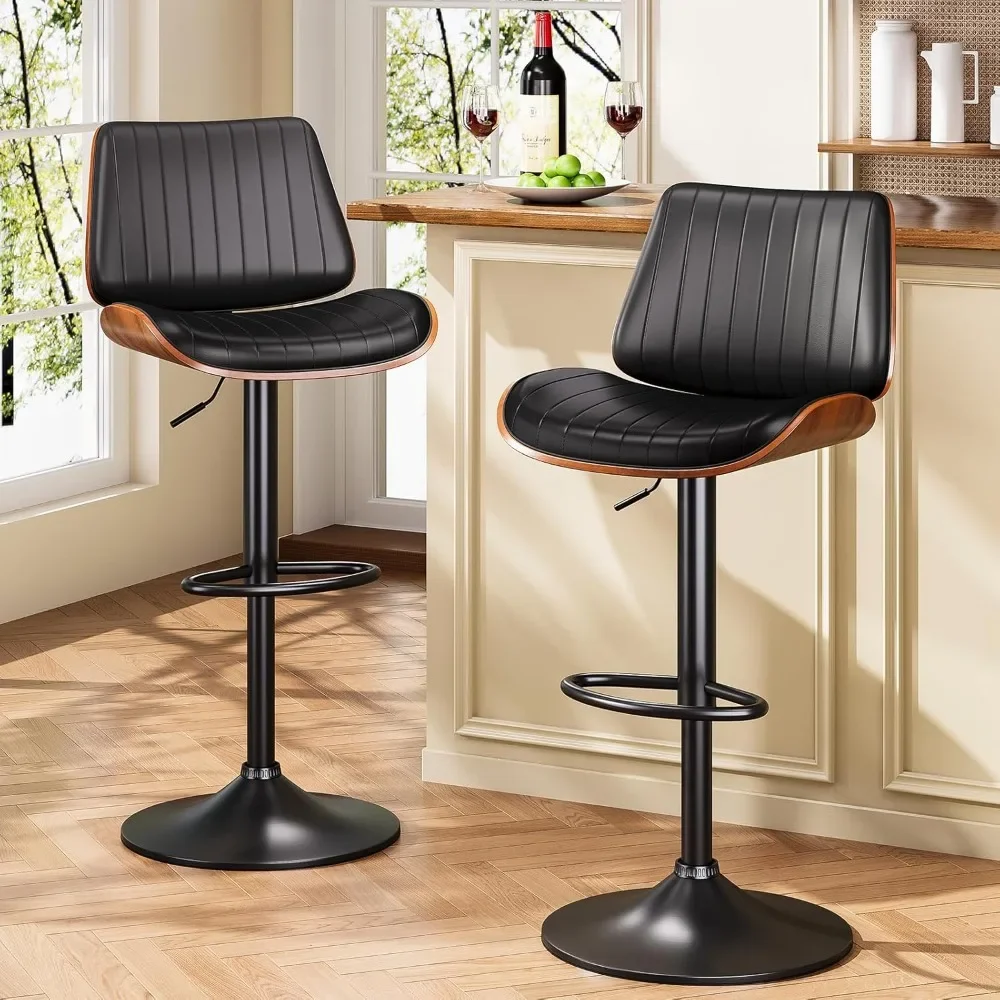 

Bar Stools Set of 2, Bar Stools for Kitchen Island with Bentwood Back and Leather Seat, Swivel Bar Stools for Kitchen Counter