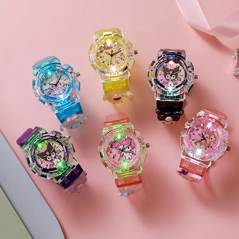 Sanrio Cartoon Kinderhorloge Rond Kuromi Mijn Melodie Pudding Hond Lichtgevend Elektronisch Horloge Digitaal Wijzer Quartz Horloge.