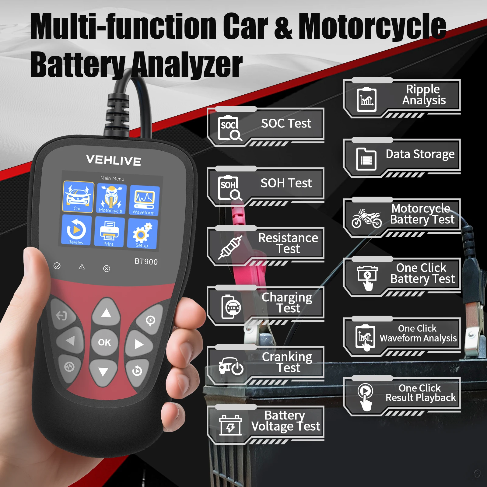 

Car Battery Tester Diagnostic Motorcycle Battery Tester 6V 12V PK KW600 650 PK Multi-Language BT900 Cranking Charging Test Tool