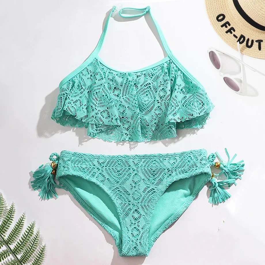 3-14Years Flounce Girl Swimsuit Kids Halter Top Bikini Jacquard Two Piece Children\'s Swimwear 2024 Bathing Suit Summer Beachwear