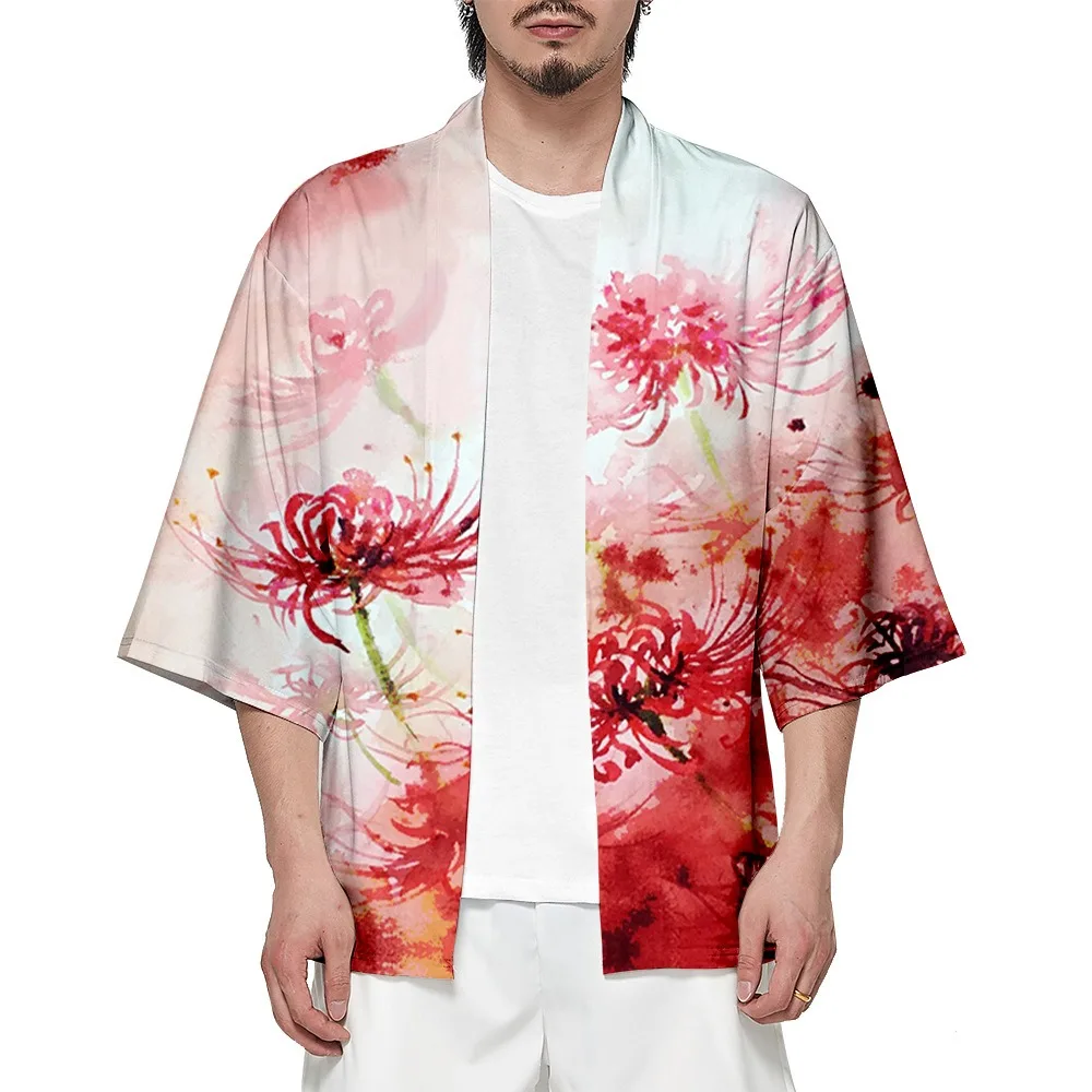 

Summer Flora Print Kimono Men Fashion Women Retro Kimono Hawaiian Shirt Beach Loose Cardigan Bathrobes Yukata Elegant Outwear