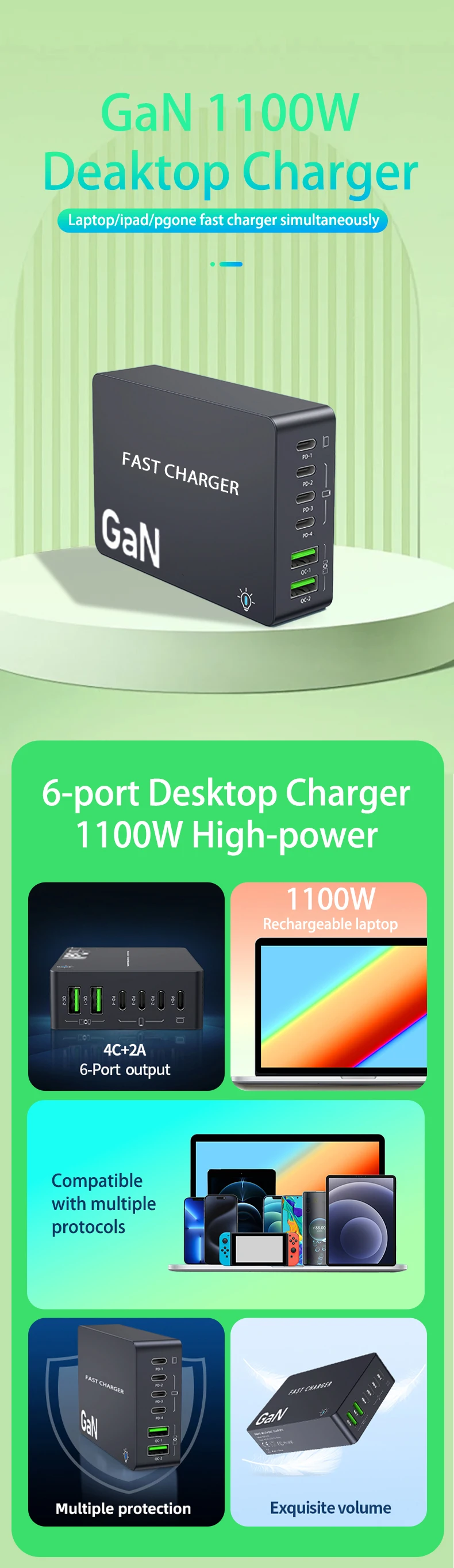 1100 W GaN 6-Ports USB C Ladegerät 100 W PPS Schnellladestation für Samsung iPhone Laptop Tablet MacBook Typ C PD Schreibtischladegeräte – Detail 1