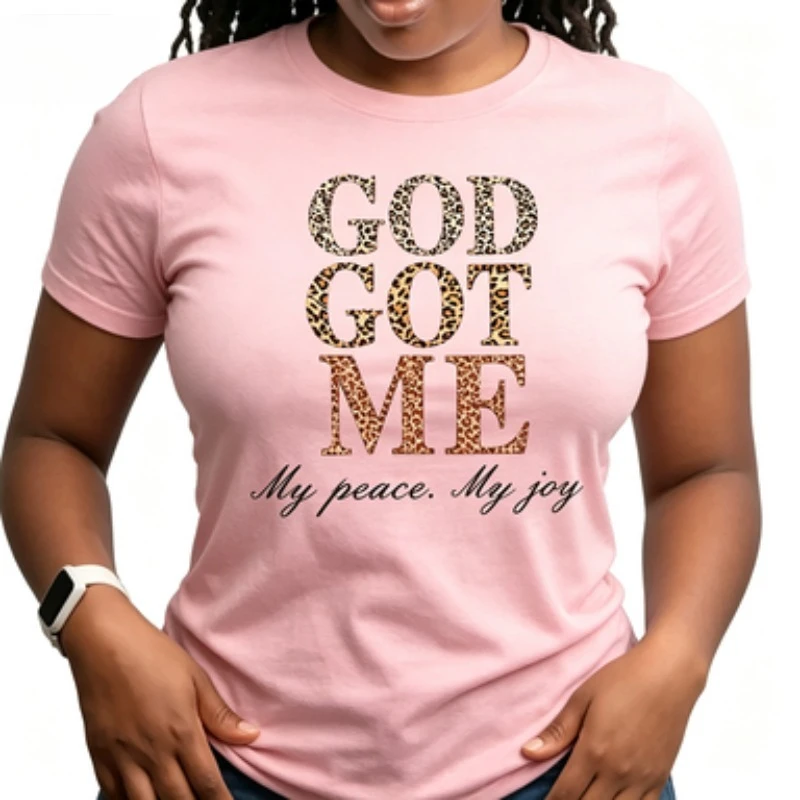 Ladies Slim Fit  Tee Christian Belief Leopard Text Graphic My Peace My Joy Casual Short Sleeve Religious Inspiring Basic T-shirt