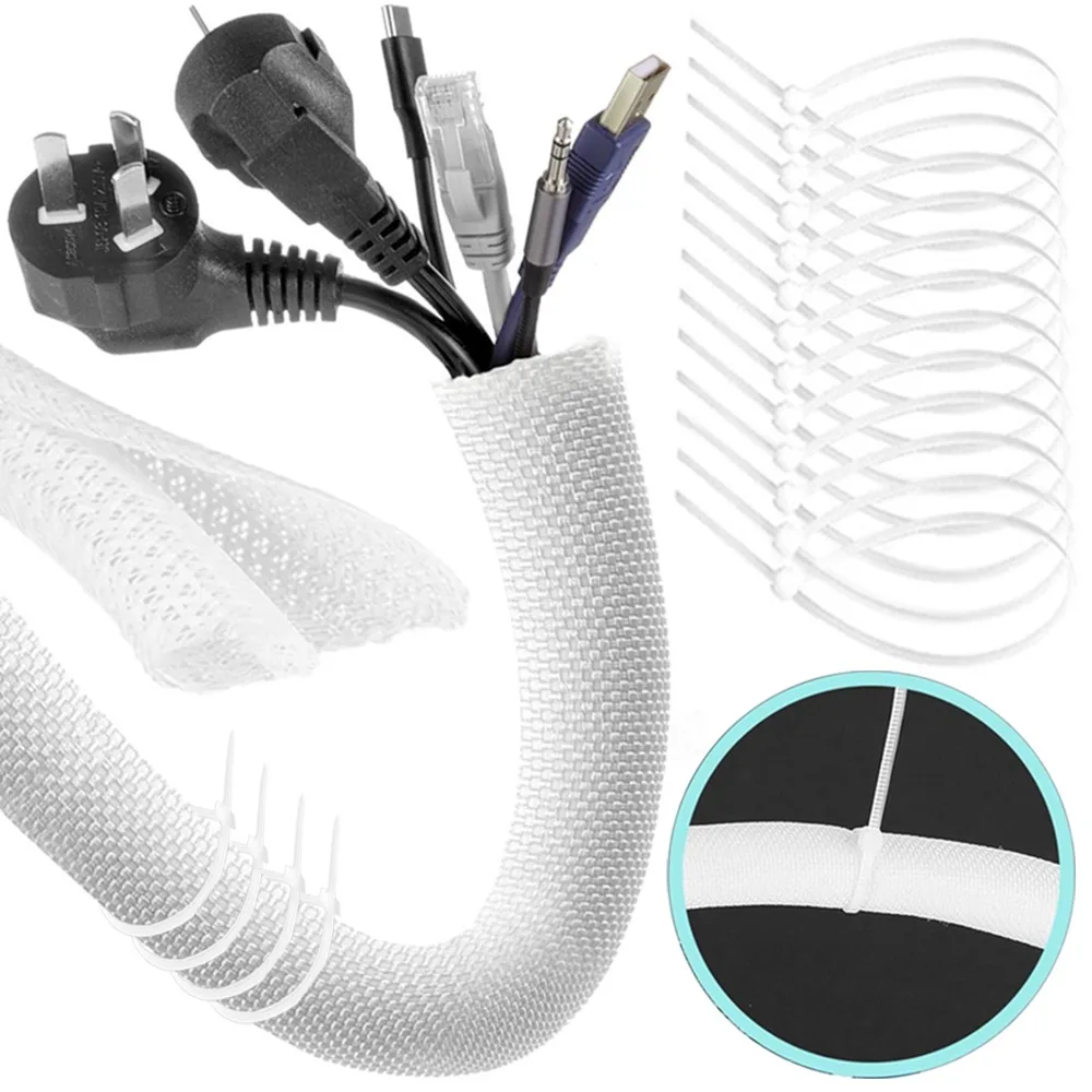 1m/2mCable Sleeve+100PCS Nylon Cable Tie Flexible Self-Closing Cord Protection Management for TV Computer Home Cinema Automotive