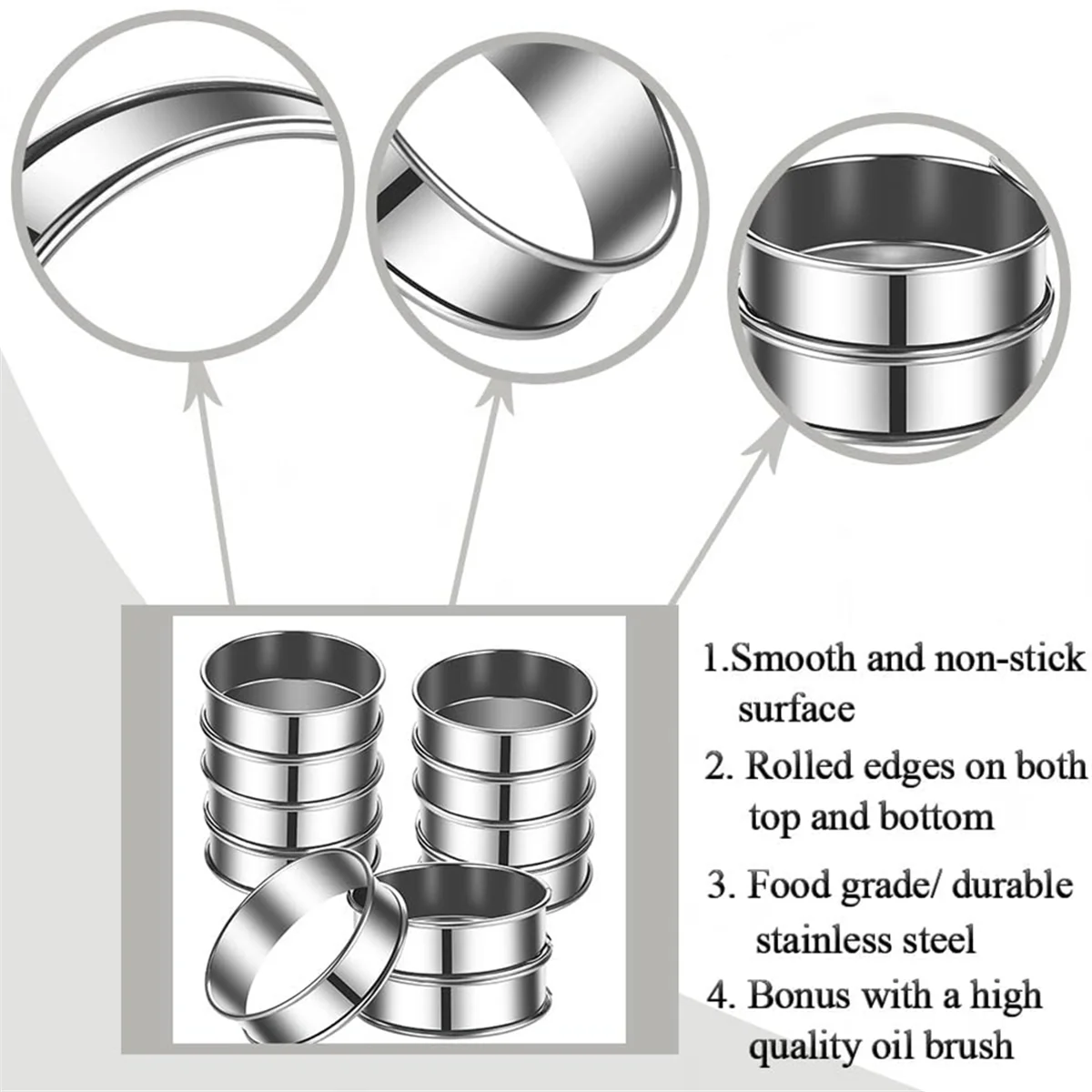 12Pack English Muffin Rings 3.15 Inch Crumpet Rings Stainless Steel Double Rolled Tart Rings, Cooking Pastry Ring Molds