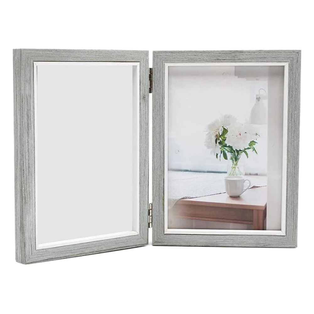 Double Picture Frame 5X7in Rustic Grey Photo Frames Wooden Hinged Folding,Wedding Gifts,Mother's Father's Day