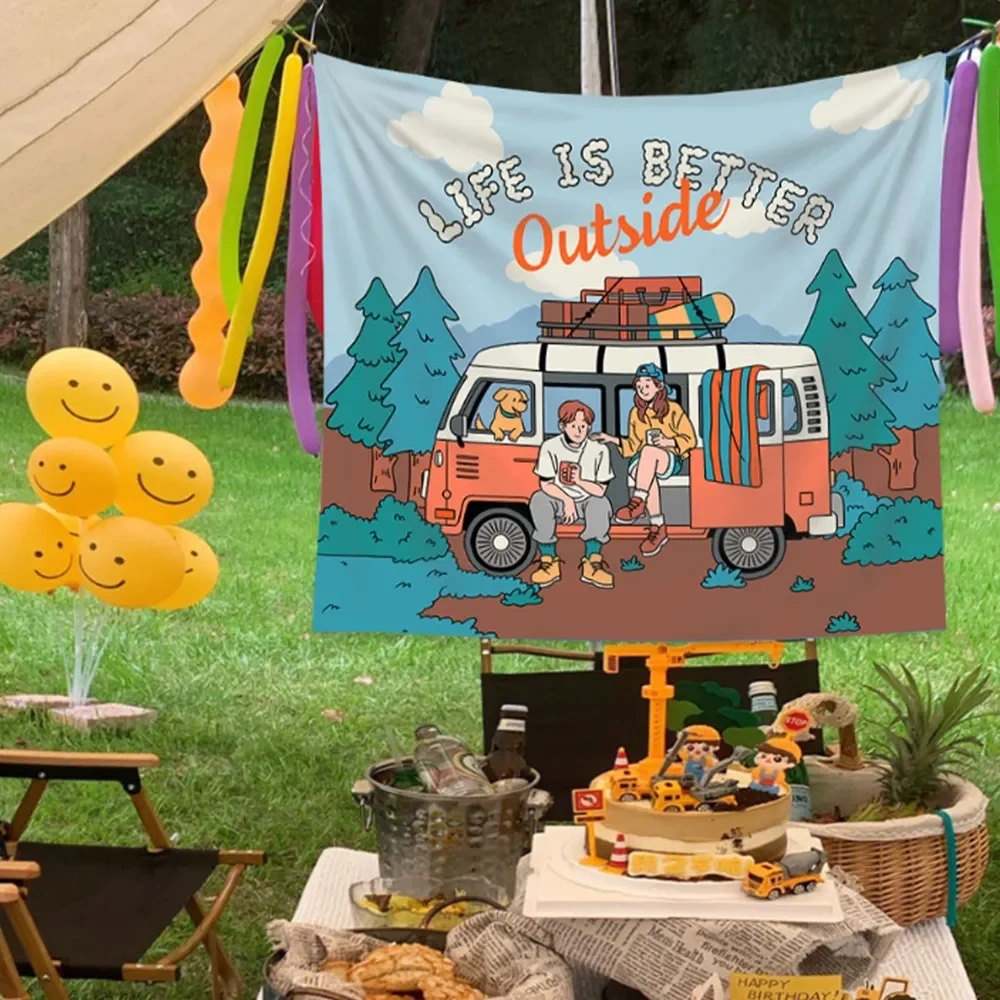 Retro Camper Van Tapestry, Outdoor Adventure & Forest Scene Wall Hanging, Boho Camping Decor for Bedroom Dorm Background