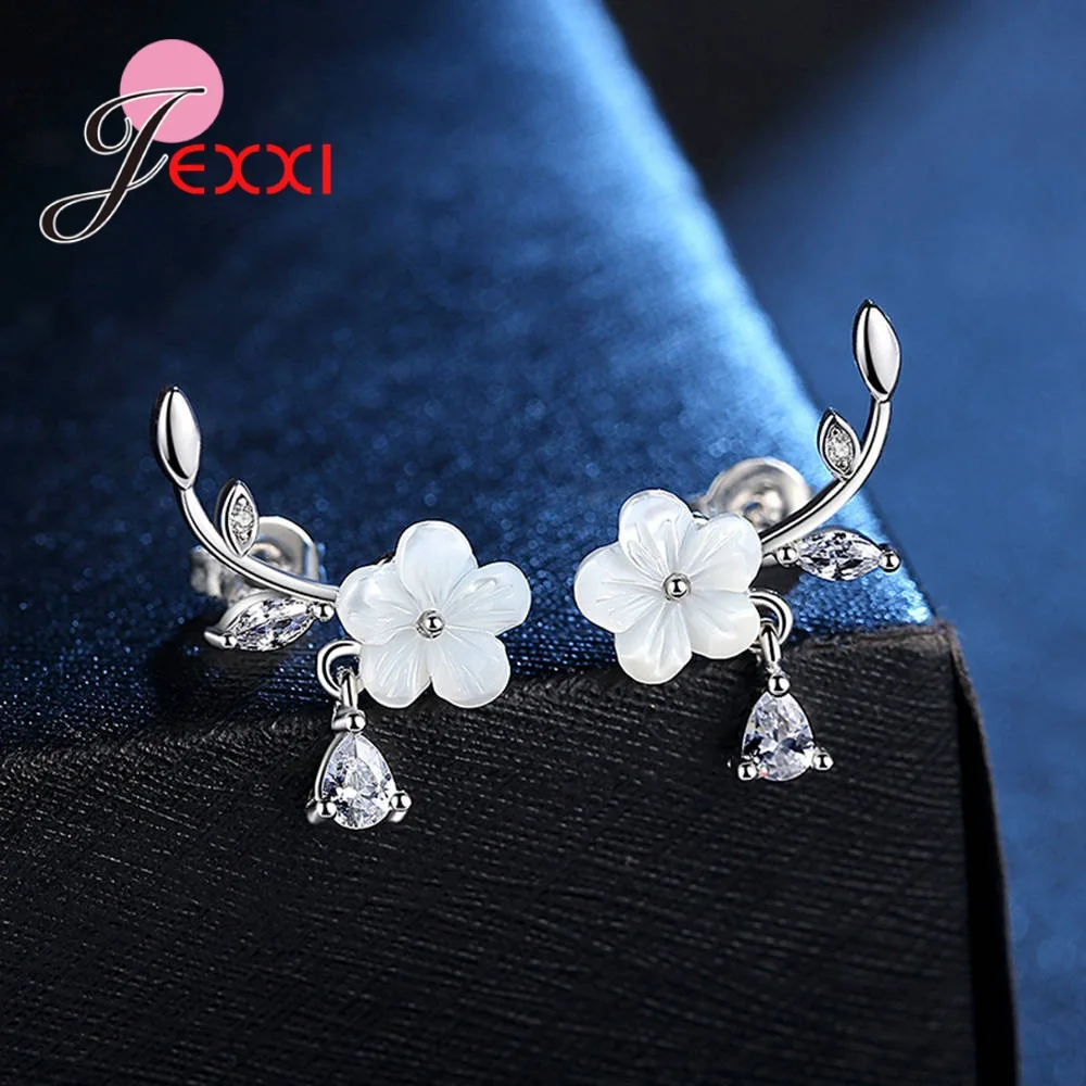 100% 925 Sterling Silver Color Branch Plum Flower Stud Earrings For Women Chinese Style Lady Cubic Zirconia Vintage Jewelry