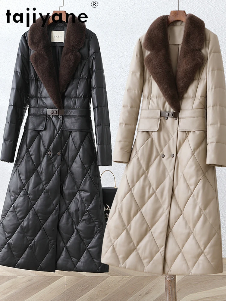 TAJIYANE veste bouffante en cuir véritable femmes 100% peau de mouton manteau Long avec col en vison vêtements d'extérieur d'hiver femme vêtements 2025