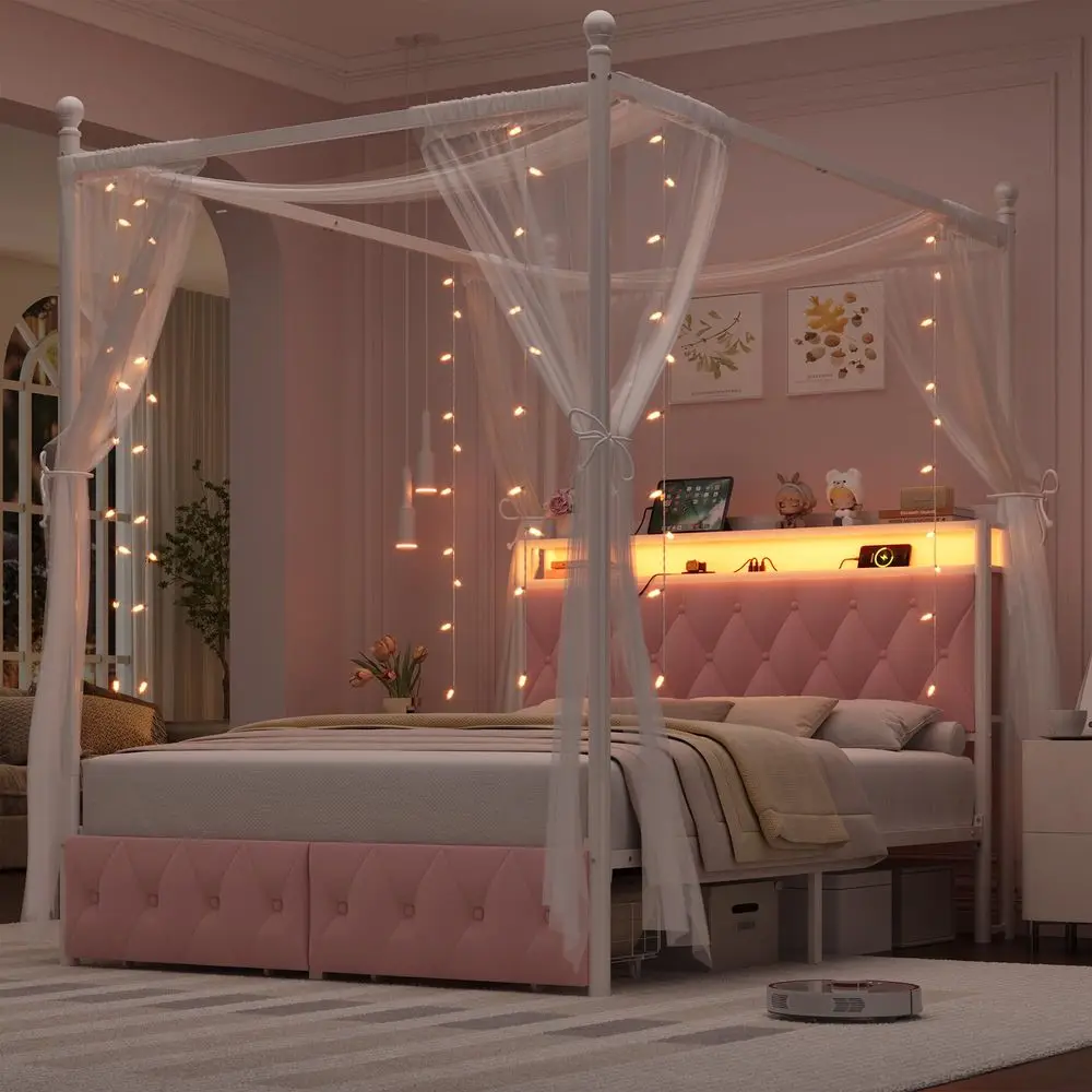 

Full Size Upholstered LED Canopy Bed Frame with Storage and Charging Station, Button Tufted Storage Headboard with Bookshelf, T
