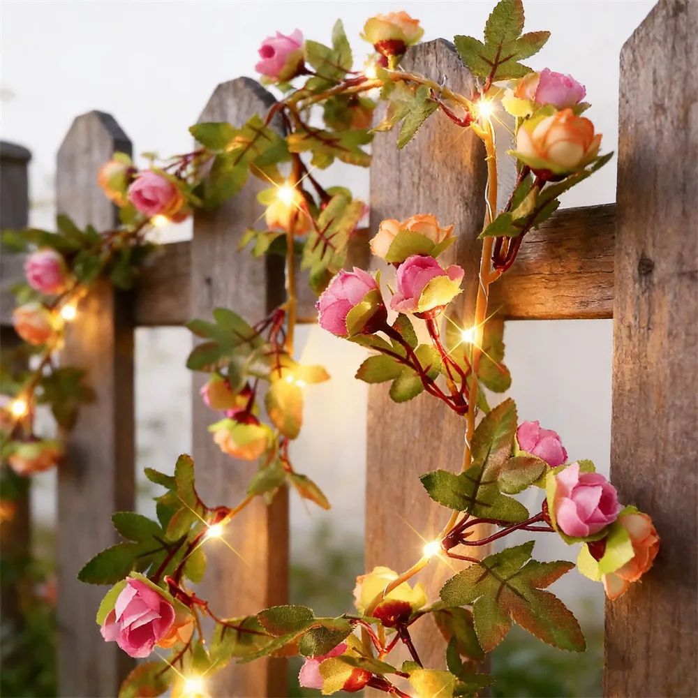 Artificial Vine Fairy Lights Flower Green Leaf String Lights Christmas Tree Garland Light for Weeding Home Decor Battery Powered
