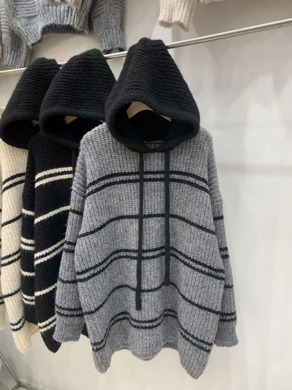 

Утепленный теплый полосатый вязаный свитер-худи мужской, осенне-зимний, модный, повседневный, свободного кроя, удобный, дышащий свитшот