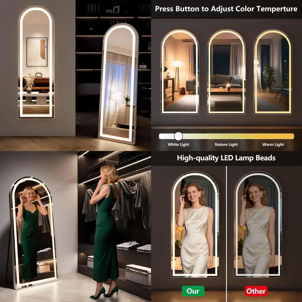 กระจกเต็มตัวทรงโค้งพร้อมไฟส่องสว่างปรับความสว่างได้และไฟหลายสี ทนทานต่อการแตกหัก ใช้ได้หลากหลายรูปแบบสำหรับตั้งพื้น