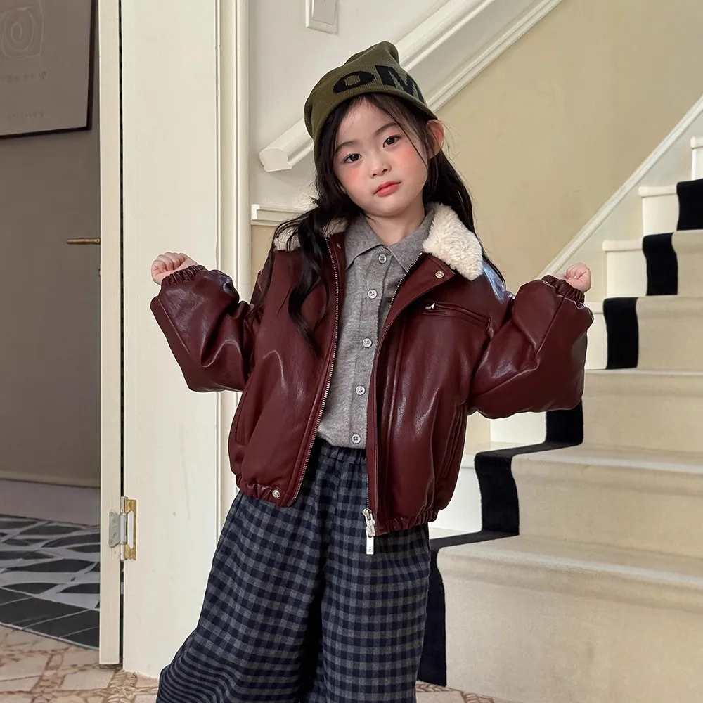 

Toddler Girls Jacket New Winter Thick Warm Turn Down Collar Kids Baby Boys Leather Coat Retro Loose Fleece Children Girls Jacket