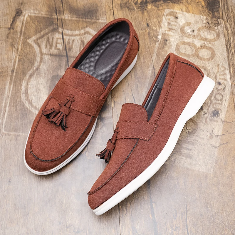 

Fashion Brand Men's New Frosted Leather Cover Foot Loafers Shoes Spring Men's Pointed Comfortable Anti Slip Tassel Bean Shoes