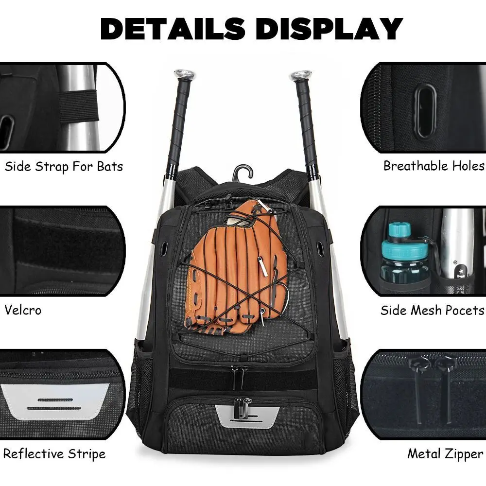 New Bat Helmet Holders Baseball Bag Shoe Compartment Ventilated Bat Bag Large Capacity Water-Resistant Softball Backpack view 5