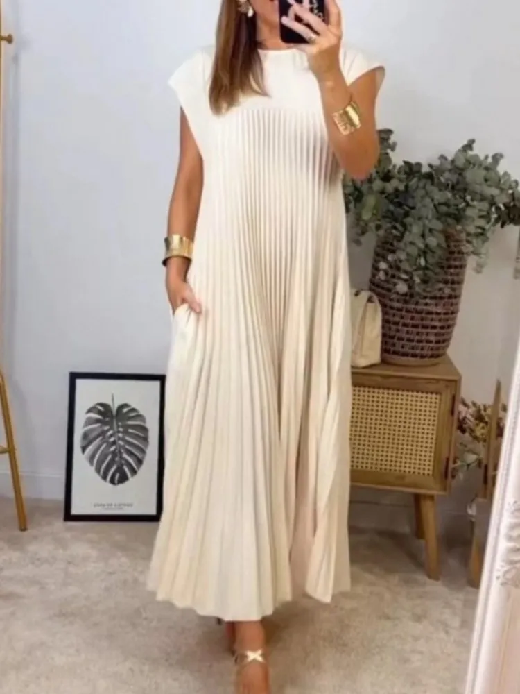 

Women Solid Color Pleated Dresses Summer Fashion Comfortable Casual Commuter Short Sleeve Dress Female Pockets Ladies Vestidos