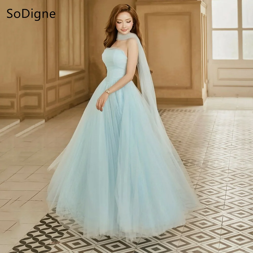 

SoDigne Chic A-Line Prom Dresses Strapless Sleeveless Draped Party Dress Tulle Floor-Length Prom Gowns Customized