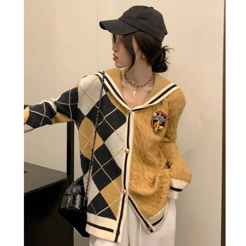 Spring Autumn Knitted Cardigan Women Navy Collar Single Breasted Patchwork Loose Sweater Korean Casual Female Warm Knitwear Coat