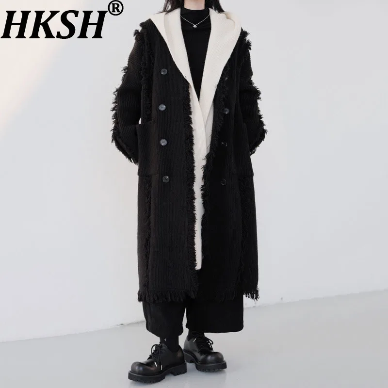 

HKSH Autumn Winter New Women Long Sweater Fake Two-Piece Patchwork Hooded Knitted Jacket Dark Trendy Thick Warm Cardigan HK13125