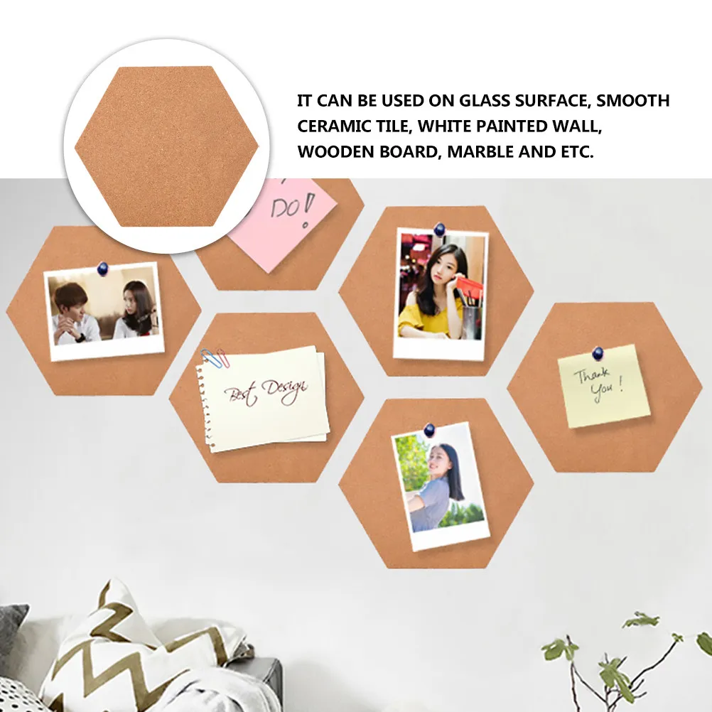 10Pcs Chic Hexagonal Cork Memo Boards Self-Stick Corkboard for Photo Display Message Notes Menu Board on Wall Glass Tile Wood view 3
