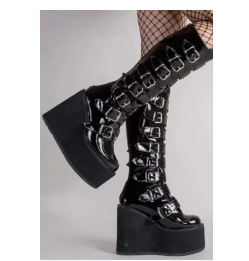 Brand Design Female Wedges High Heels Thigh High Boots Fashion Black Platform Boots Women 2024 Gothic Cosplay Shoes Woman