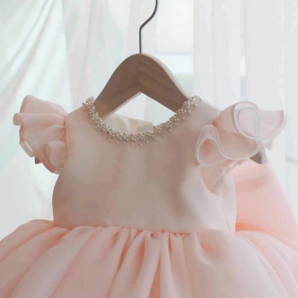 Pink Puffy Tulle Bow Princess Gown For Kids Birthday Party Shiny Pearls Mini Wedding Flower Girls Dresses Prom Wear Customized