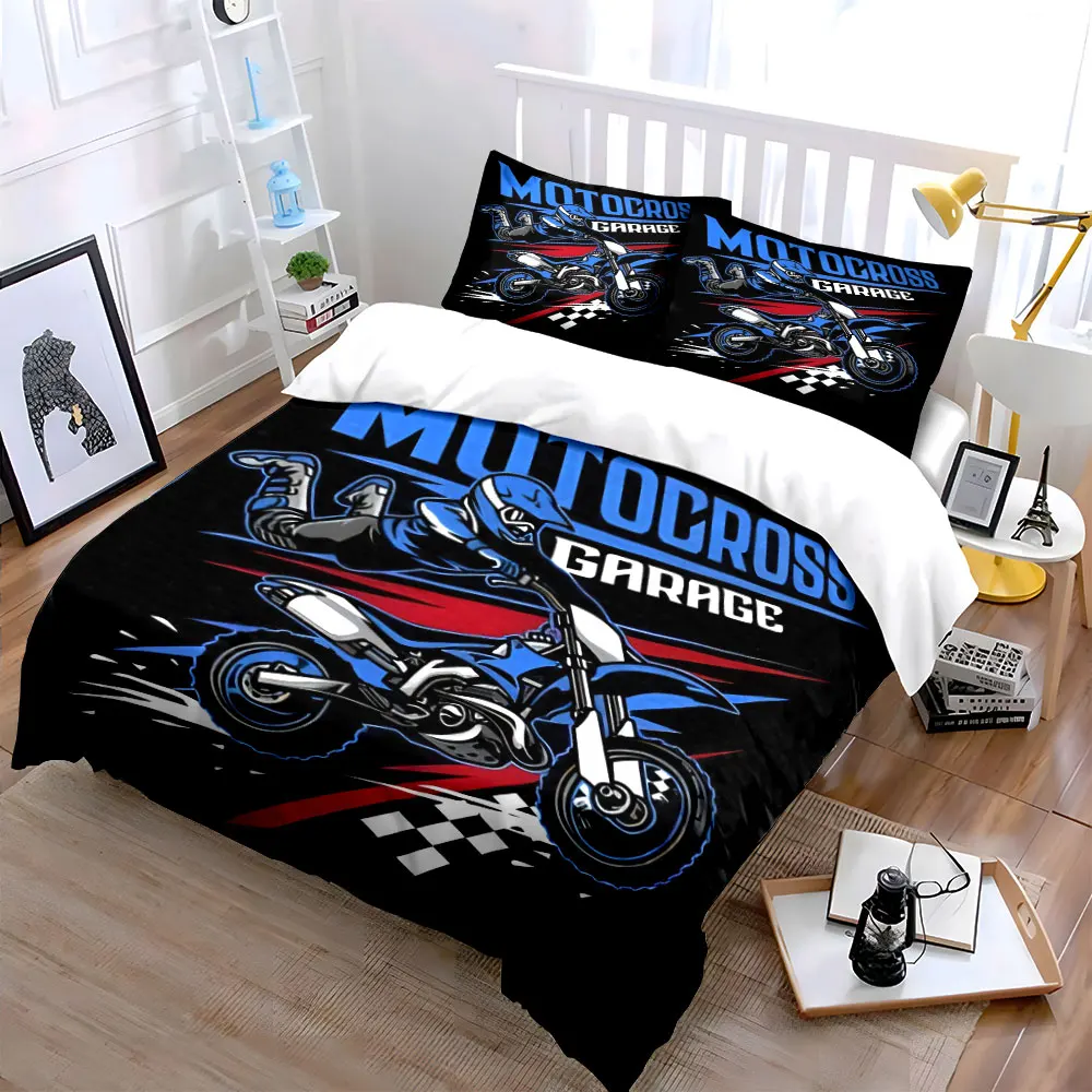 Dynamic Motocross Illustration Bedding Set for Kids Luxury Gift 3pcs Digital Print Comforter Set Soft Comfortable Breathable