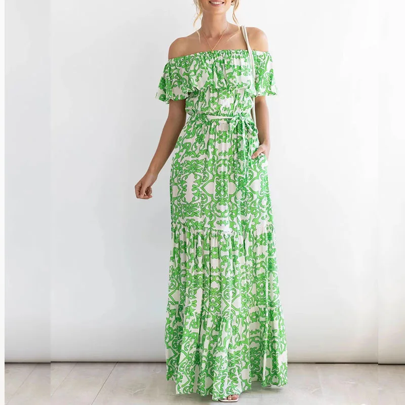 Abito monospalla a maniche corte stampato con bordo foglia di loto 2025 Abiti lunghi Boho moda estiva