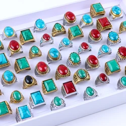 10/20/30/50Pcs/Lot Vintage Turquoise Stone Rings For Women Men Mix Style Color Retro Geometry Jewelry Party Gifts Wholesale