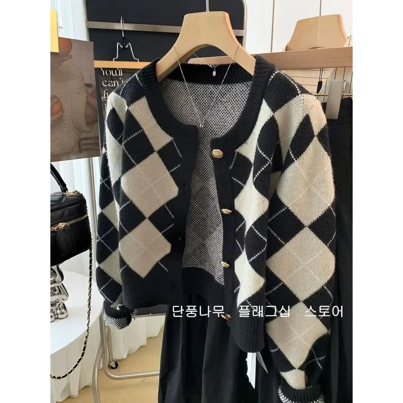 Deeptown Vintage Plaid Knit Cardigan Women Y2k Korean Fashion Autumn Old Money Short Sweater Harajuku O Neck Jumper Aesthetic