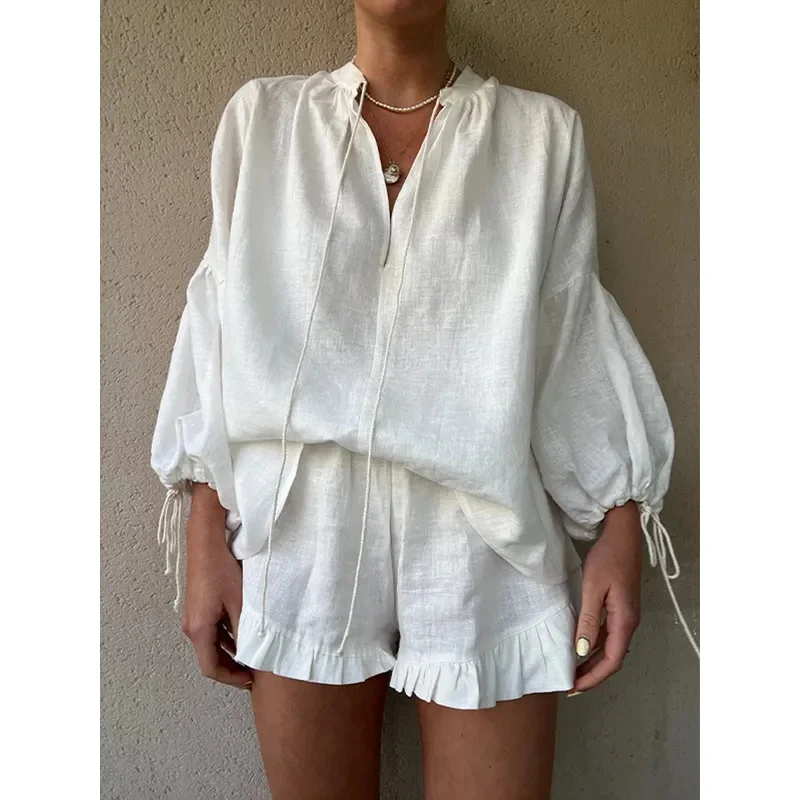 

Bonny Fashion Drawstring Long Sleeve White Top Sets Women Casual Loose Ruffle Short Suits 2024 Ladies Beach Vocation Outfits